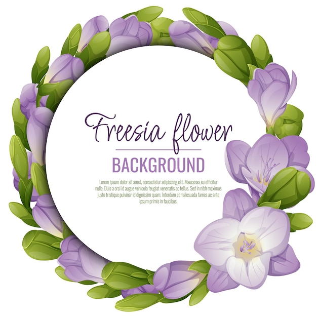 Achtergrond met fresia's bloemen Mooi frame met paarse bloemen en knoppen Lente kaart banner bruiloft uitnodiging