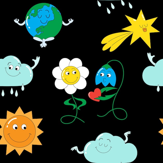 Achtergrond met grappige tekens heldere naadloze vector patroon met kawaii zon wolk kamille bloemen bell ster planeet aarde in een trendy retro cartoon vlakke stijl