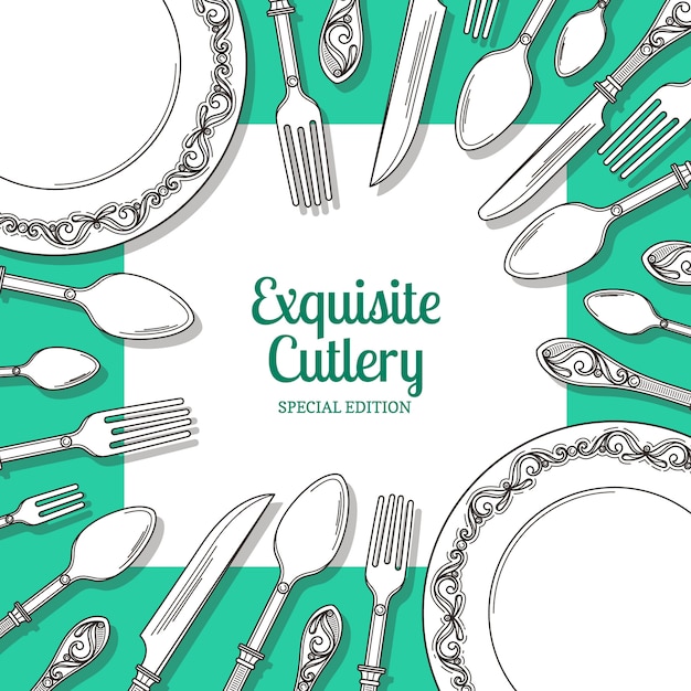 achtergrond met hand getrokken servies rond plein met plaats voor tekst met schaduwen. Illustratie van restaurantbanner met vaatwerk