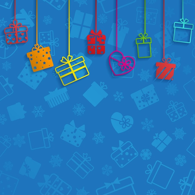 Achtergrond met hangende geschenkdozen veelkleurig op blauw