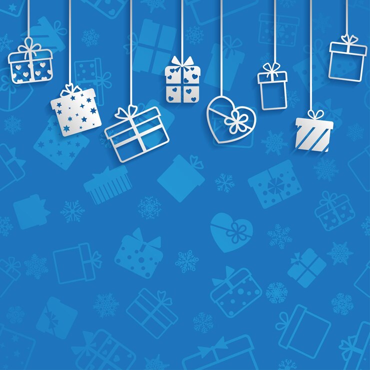 Vector achtergrond met hangende geschenkdozen, wit op blauw