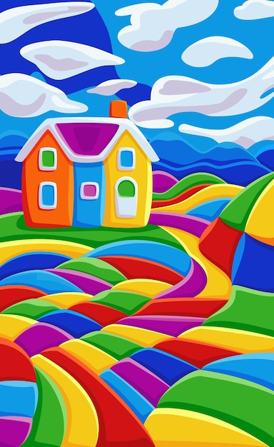 Vector achtergrond met prachtig landschap met huis bergen en heuvels felle kleur blauwe lucht met wolken