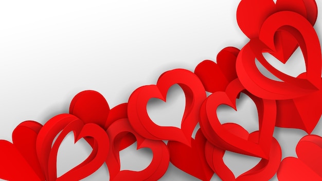 Achtergrond met veel papiervolumeharten met gaten, rood op wit