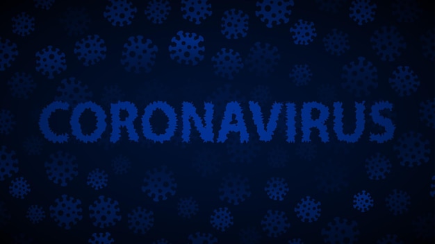 Vector achtergrond met virussen en inscriptie coronavirus in donkerblauwe kleuren. illustratie over de covid-19 pandemie.