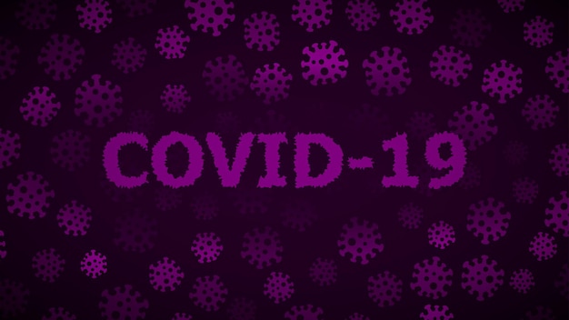Achtergrond met virussen en inscriptie covid-19 in donkerpaarse kleuren. illustratie over de pandemie van het coronavirus.