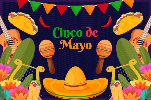 Achtergrond plat cinco de mayo-feest met sombrero