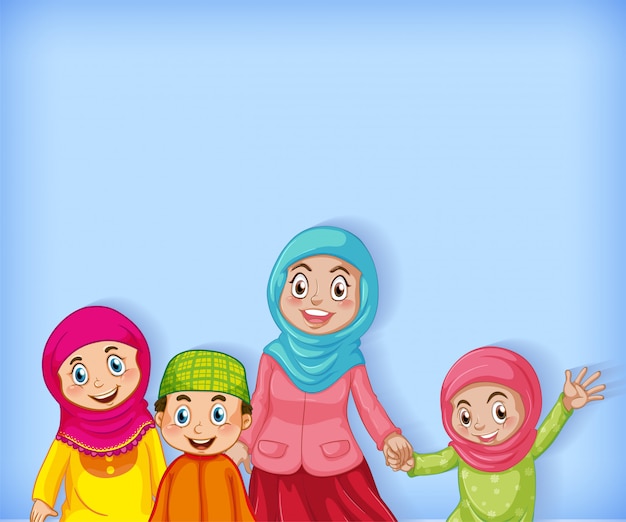 Achtergrond sjabloonontwerp met moslimfamilie op blauw
