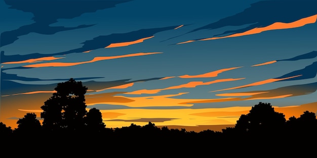 Vector achtergrond van de avondhemel met silhouet van bomen