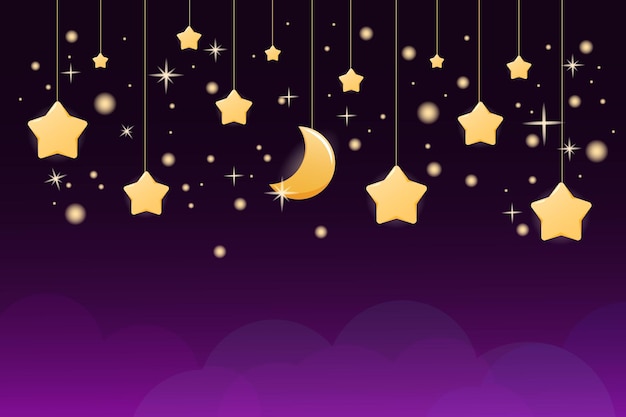 Achtergrond van de sterrenhemel met dikke sterren en maan in cartoonstijl