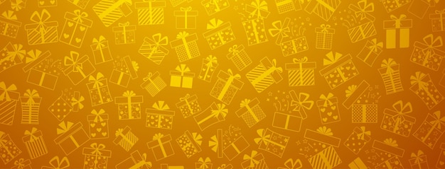 Achtergrond van geschenkdozen met strikken en verschillende patronen in oranje kleuren
