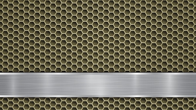 Vector achtergrond van gouden geperforeerd metalen oppervlak met gaten en zilveren horizontale gepolijste plaat met een metalen textuur en glanzende randen