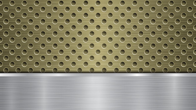 Achtergrond van gouden geperforeerd metalen oppervlak met gaten en zilveren horizontale gepolijste plaat met een metalen textuur en glanzende randen