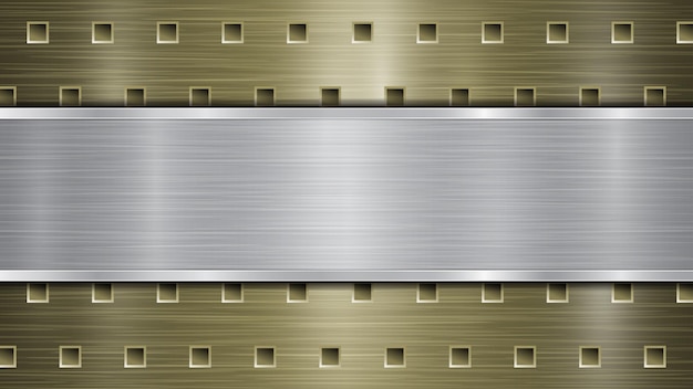 Achtergrond van gouden geperforeerd metalen oppervlak met gaten en zilveren horizontale gepolijste plaat met een metalen textuur, schittering en glanzende randen