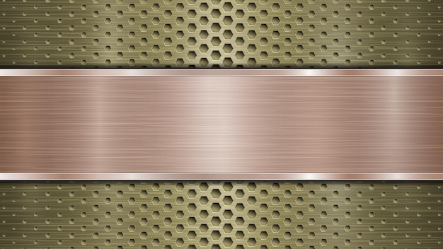 Achtergrond van gouden geperforeerde metalen oppervlak met gaten en horizontale brons gepolijste plaat met een metalen textuur schittering en glanzende randen