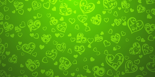 Vector achtergrond van grote en kleine harten met ornament van krullen, in groene kleuren