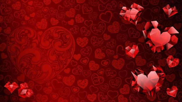 Achtergrond van grote, kleine en verschillende kristallen harten in rode kleuren. illustratie op valentijnsdag
