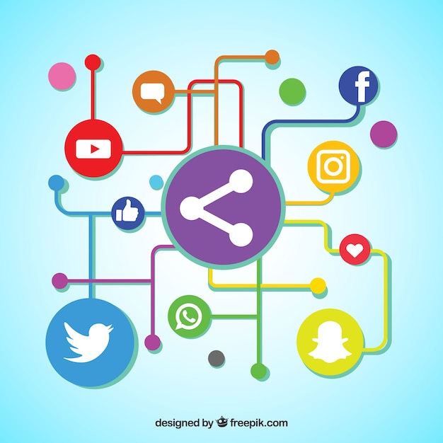 Vector achtergrond van kleurrijke lijnen en cirkels met sociaal netwerk icons