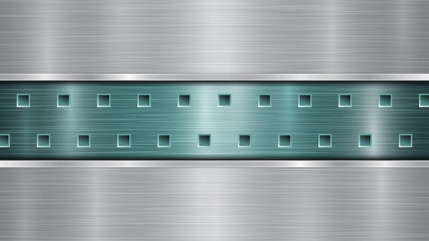 Achtergrond van lichtblauw geperforeerd metalen oppervlak met gaten en twee horizontale zilvergepolijste platen met een metalen textuur en glanzende randen