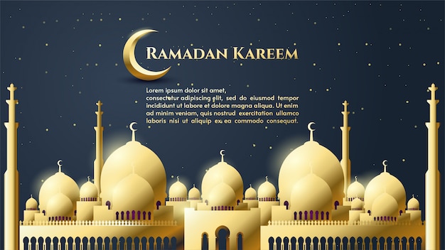 Achtergrond van Ramadan Kareem met gouden moskeeillustratie met het gouden schrijven.