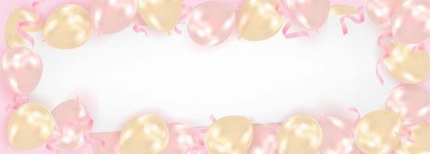 Vector achtergrond van realistische roze en gouden luchtballonnen met blanco vel papier