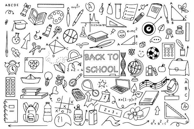 Achtergrond van school iconen in doodle stijl Schoolonderwijs Terug naar school doodle tekening vectorillustratie