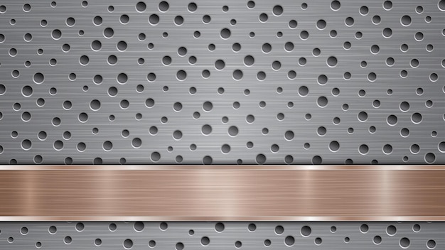 Achtergrond van zilver geperforeerd metalen oppervlak met gaten en horizontale brons gepolijste plaat met een metalen textuur schittering en glanzende randen