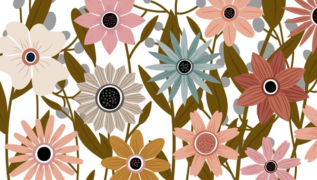 Achtergrond versierd met bloeiende bloemen en bladeren. Abstracte kunst natuur achtergrond vector. Trendy plantenframe. bloementuin. Botanisch bloemenpatroonontwerp voor de zomer. vector illustratie