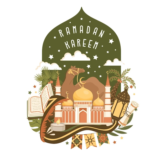 Achtergrond voor de speciale islamitische feestdag Ramadan Kenmerken van de Arabische cultuur Islamitische wenskaartsjabloon Traditionele religieuze gebeurtenis Vectorillustratie
