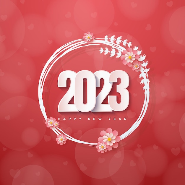 Achtergrond voor de viering van het nieuwe jaar 2023 vierkant met transparante roze bloemen.