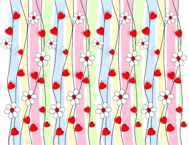 Achtergrond voor inpakpapier, stofkaarten enz. rode hartjes en bloemen op een gestreepte achtergrond