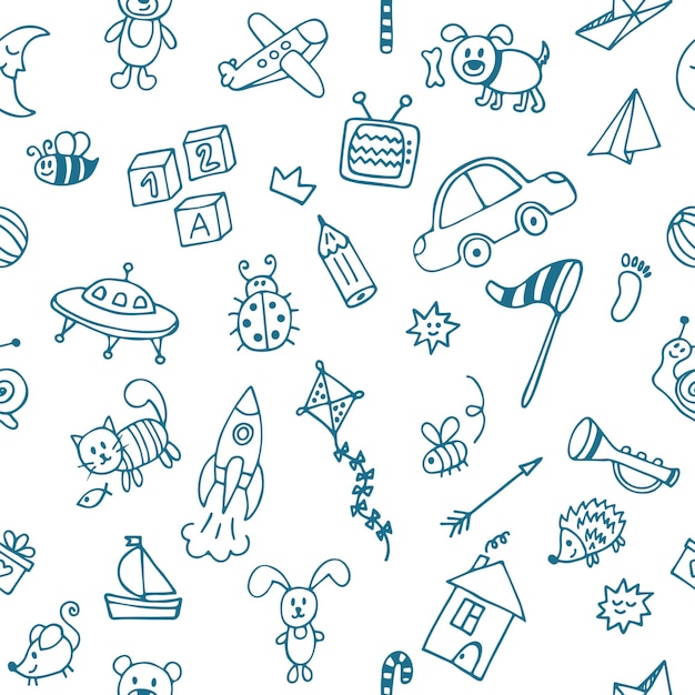 Achtergrond voor kleine jongens Met de hand getekende kindertekeningen kleur naadloos patroon Doodle