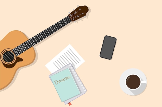 Achtergrond voor muzikant Illustratie van gitaren notebook kopje koffie en telefoon Vector bovenaanzicht