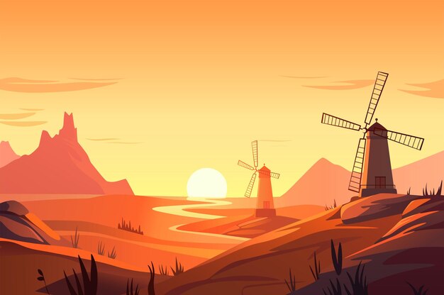 Vector achtergrond zonsondergang in een veld met windmolens een artistieke voorstelling