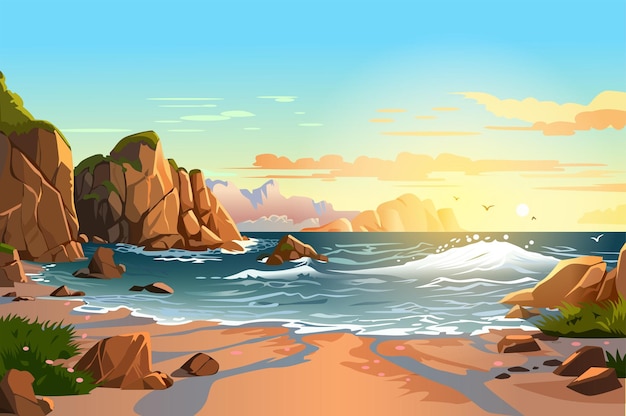 Vector achtergrond zonsopgang op het strand een levendige strandillustratie met een boeiend ontwerp tegen een schilderachtige achtergrond vectorillustratie