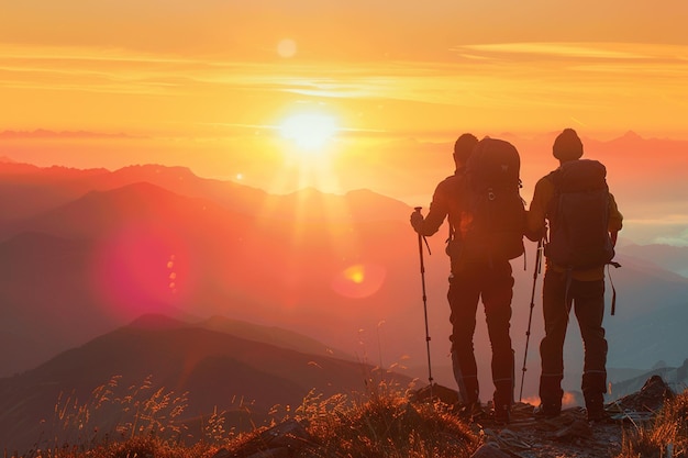 achtergrondbeeld van een wandelaar met rugzak en palen op de top van een berg die naar de zonsondergang kijkt