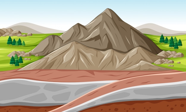 Achtergrondscène met grote berg en ondergrondse lagen