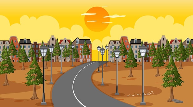Achtergrondscène met lange weg door het park naar de stad bij zonsondergang