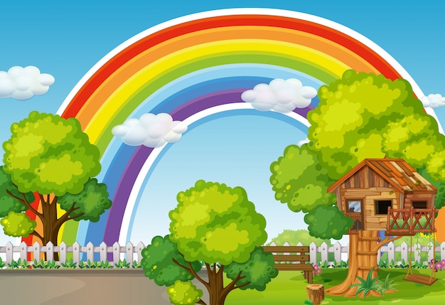 Achtergrondscène met regenboog en treehouse