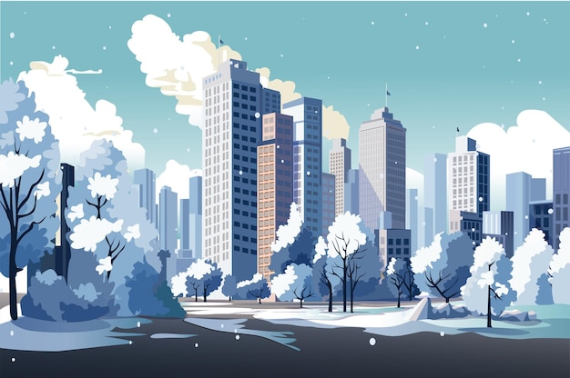 Achtergrondwinterstad in het platte cartoonontwerp winterwonderland verovert het hart van de stad in