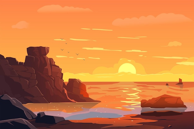 Achtergrondzonsondergang in de zee Vrolijke cartoonillustratie van een levendige zonsondergang in de zee