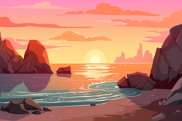 Vector achtergrondzonsondergang op het strand kleurrijke cartoonillustratie die een serene zonsondergang toont