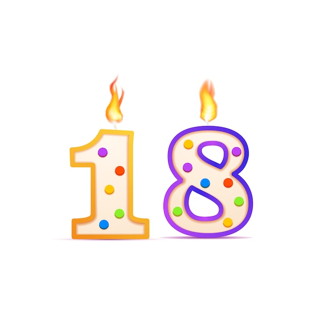 Achttien jarig jubileum, 18 cijferige verjaardagskaars met vuur op wit