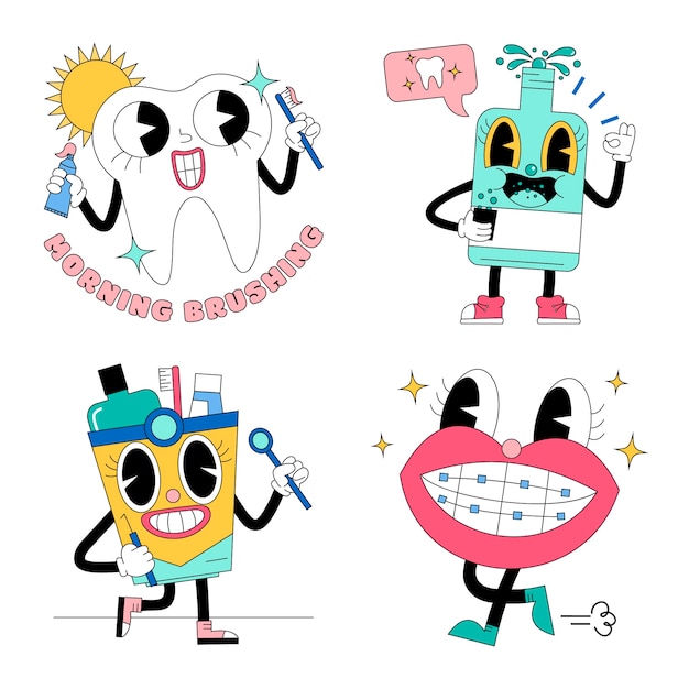 Vector acid dental care stickers collection