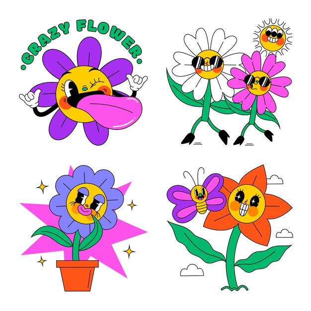 Vector acid flowers stickers collection