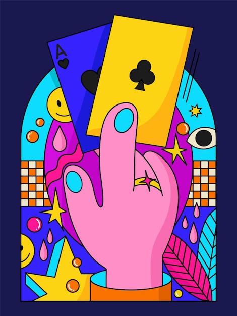 Vector acid poster with a hand holding playing cards the concept of gambling betting casino and poker