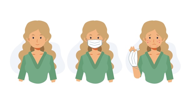 Acne caused wearing face mask.maskne concept.pimples. skin problems .flat vector cartoon character illustration.