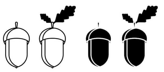 Набор иконок желудя Дубовая дубовая роща Черно-белый вектор в минимальном стиле