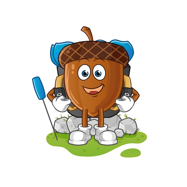 Acorn mascot goes camping  isolated on white