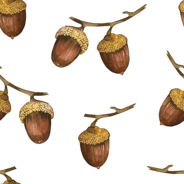 Vector acorns on a branch handpainted with brown and yellow watercolor watercolor seamless pattern suitable