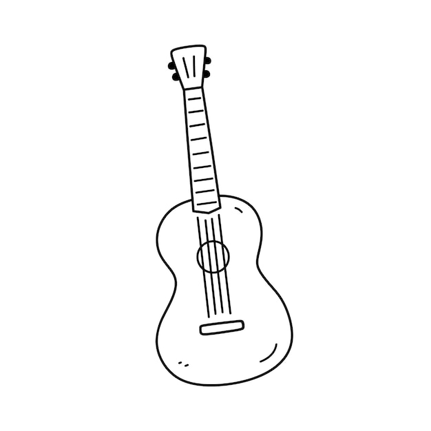 落書きスタイルの白い手描きイラストで分離されたアコースティッククラシックギターまたはウクレレ